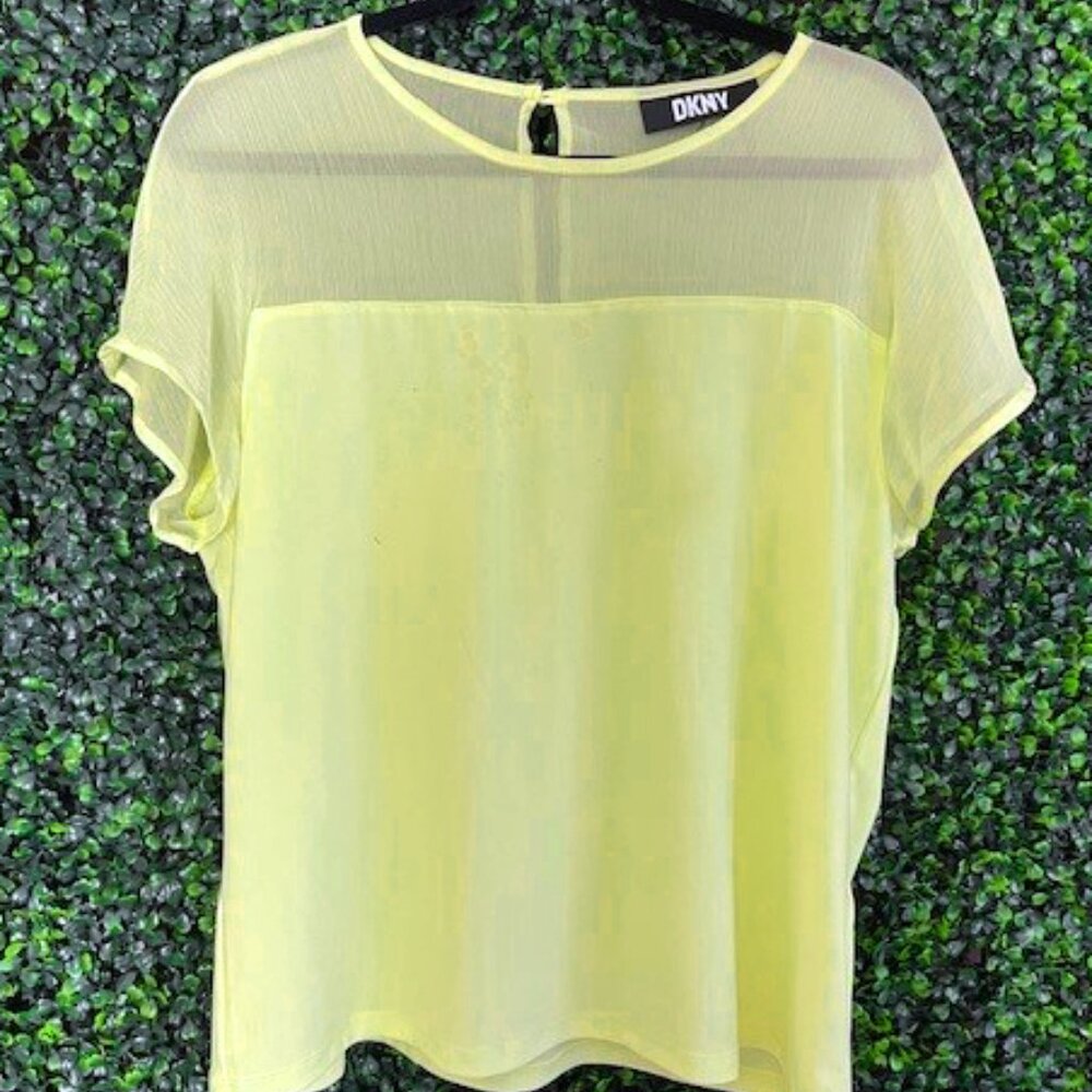 NWOT Womens DKNY Short Sleeved Partly  Sheer Chiffon Top-Large Yellow